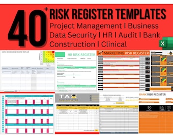 Pode incluir: Uma colagem de mais de 40 modelos de registro de risco para gerenciamento de projetos, negócios, segurança de dados, RH, auditoria, bancos, construção e clínica. Os modelos são de várias cores e incluem tabelas e gráficos.