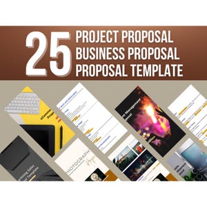 May include: A collage of 25 different project proposal templates. The templates are designed for various business needs, including e-commerce, photography, event management, and website development. The templates feature a modern and professional design with a color scheme of yellow, orange, and red.