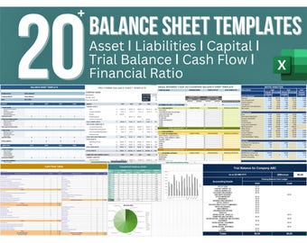 20+ Balance Sheet Templates: Asset ǀ Liabilities ǀ Capital ǀ Trial Balance ǀ Cash Flow ǀ Financial Ratio (Digital Download)