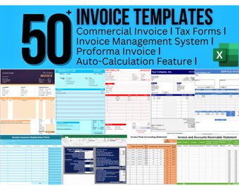 50+ Invoice Templates: Commercial Invoice ǀ Tax Forms ǀ Invoice Management System ǀ Proforma Invoice ǀ Auto-Calculation (Digital Download)