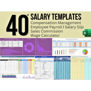 Könnte beinhalten: Eine Collage aus bunten Diagrammen und Grafiken mit dem Text "40+ GEHALTSVORLAGEN Vergütungsmanagement Mitarbeiter-Gehaltsabrechnung I Gehaltsabrechnung Provisionsverkauf Gehaltsrechner" und einem Excel-Symbol.