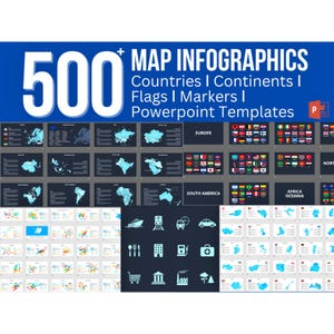 Puede incluir: Una colección de más de 500 plantillas de PowerPoint para crear infografías de mapas. Las plantillas incluyen mapas de países y continentes, banderas, marcadores e iconos. Las plantillas están diseñadas para ayudar a los usuarios a crear infografías de aspecto profesional.