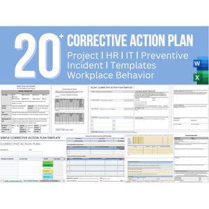 May include: A collage of 20+ corrective action plan templates for projects, HR, IT, and workplace behavior. The templates are in a spreadsheet format and include sections for action, issue, resolution, and more.