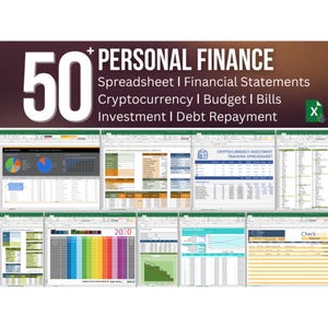 Más de 50 hojas de cálculo de finanzas personales: Estados financieros ǀ Presupuesto ǀ Criptomoneda ǀ Inversión ǀ Pago de deuda ǀ Facturas ǀ etc.