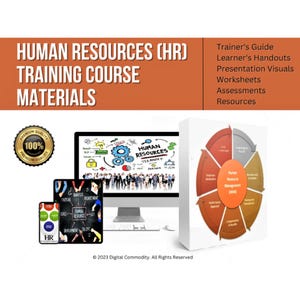 Puede incluir: Una pantalla de ordenador que muestra un curso de formación en recursos humanos con el texto "HUMAN RESOURCES TEAMWORK" en la pantalla. El curso incluye una guía del formador, folletos para los alumnos, material visual para presentaciones, hojas de trabajo, evaluaciones y recursos. La imagen también muestra una tableta y un teléfono inteligente que muestran los mismos materiales del curso.