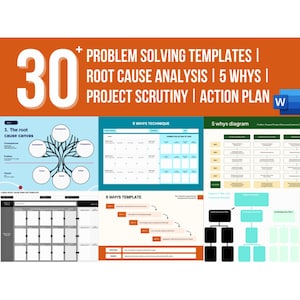 Può includere: Una raccolta di 30 modelli di risoluzione dei problemi per l'analisi delle cause profonde, i 5 perché, lo scrutinio del progetto e la pianificazione dell'azione. I modelli includono diagrammi, grafici e tabelle.