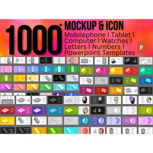 May include: A collection of over 1000 PowerPoint templates featuring mockups and icons for mobile phones, tablets, computers, watches, letters, and numbers. The templates are colourful and modern, with a variety of styles to choose from.