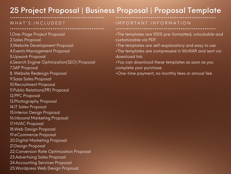 10.Recruitment Proposal
11.Public Relations(PR) Proposal
12.PPC Proposal
13.Photography Proposal
14.IT Sales Proposal
15.Interior Design Proposal
16.Inbound Marketing Proposal
17.HVAC Proposal
18.Web Design Proposal 
19.eCommerce Proposal
