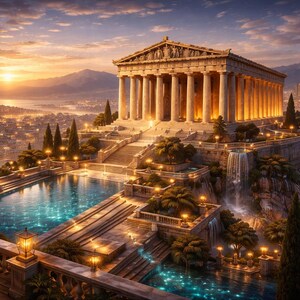May include: An architectural rendering of a classical temple atop a cliff, overlooking a city at sunset. The temple features tall columns and is illuminated. A pool and waterfalls are in the foreground, with a modern city in the distance.