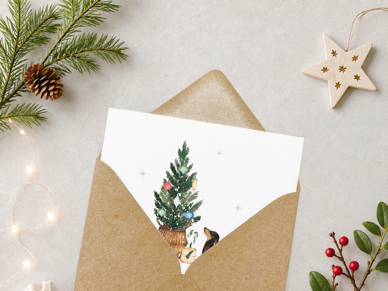 May include: A white greeting card featuring a watercolor illustration of a decorated Christmas tree in a woven basket, a small gift box, a candy cane, and a black and tan dachshund dog, all set inside a brown kraft paper envelope.