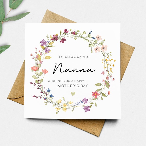 Mother's Day Card for Nanna, Nanny, Grandma, Granny etc. Floral Wreath Happy Mothers Day Card Grandmother
