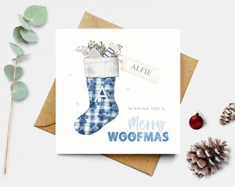 Personalised Dog Christmas Card, Merry Woofmas Card for Dogs, Paw Print Stocking