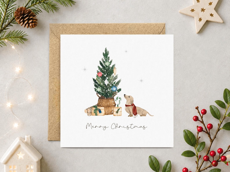 May include: A square greeting card featuring a watercolor illustration of a dachshund wearing a red scarf, sitting beside a decorated Christmas tree in a woven basket with wrapped gifts. The text Merry Christmas is printed below.