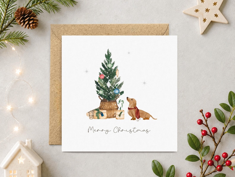 May include: A square greeting card featuring a watercolor illustration of a dachshund wearing a red scarf, sitting beside a decorated Christmas tree in a basket with wrapped gifts. The text Merry Christmas is printed at the bottom.