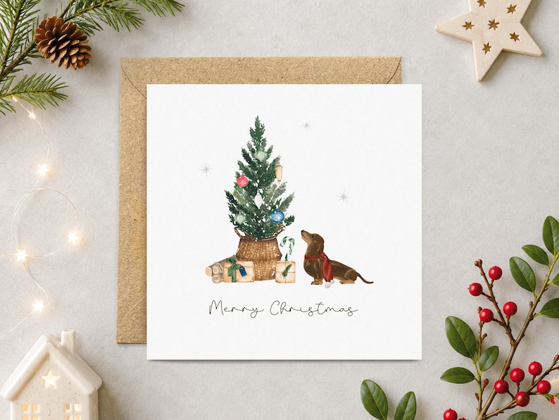 May include: A square greeting card featuring a watercolor illustration of a brown dachshund wearing a red scarf, sitting beside a decorated Christmas tree in a basket with wrapped gifts. The text Merry Christmas is printed below.
