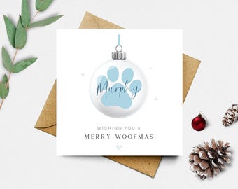 Personalised Dog Christmas Card, Merry Woofmas Card for Dog, Paw Print Bauble
