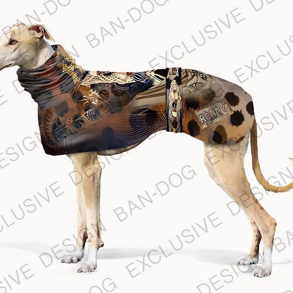 Spring raincoat for greyhounds that can be personalized with your dog's name and can be purchased with a fresh cotton or warm fleece interior.