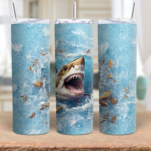 3D Shark Attack Wrap - Sublimation Design for 20oz Skinny Tumblers, Digital Download PNG