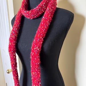 Skinny Scarf, Skinny knitted Scarf, Red Scarf, Red Skinny Scarf, Hand Made Scarf, Multi-coloured Skinny Scarf