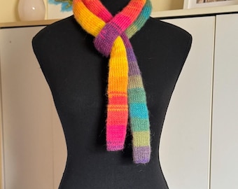 Hand Knitted Wool Skinny Scarf: Red Multi-Coloured Scarf Rainbow