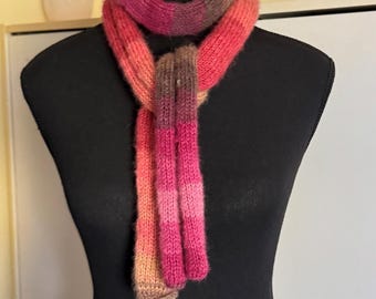 Hand Knitted Wool Skinny Scarf: Red Multi-Coloured Scarf Rainbow