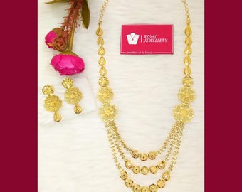 22k Gold Plated Bridal Necklace Set: 3-Layer Design with Earrings (Wedding Gift)