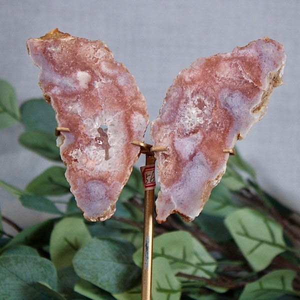 Pink amethyst x flower agate slab butterfly wings on stand