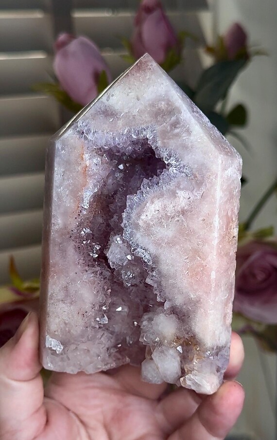 ピンクアメジストタワー、クォーツ入り、ドゥルーズ石、512g