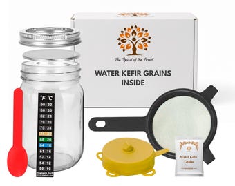 Water Kefir Starter Kit, Grains, Jar, Strainer, Ferment Lid