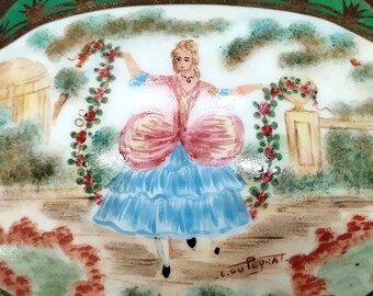 French Antique Sevres Porcelain Trinket or Jewelry Box, Hand Painted Garden Scene and Artist Signed