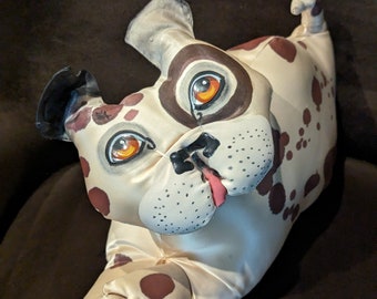 Vintage Artist Made Animal Pillow By Jan Feenstra Signed and Dated 1984 - Calico Cat or Flat Nosed Dog Satin Pillow