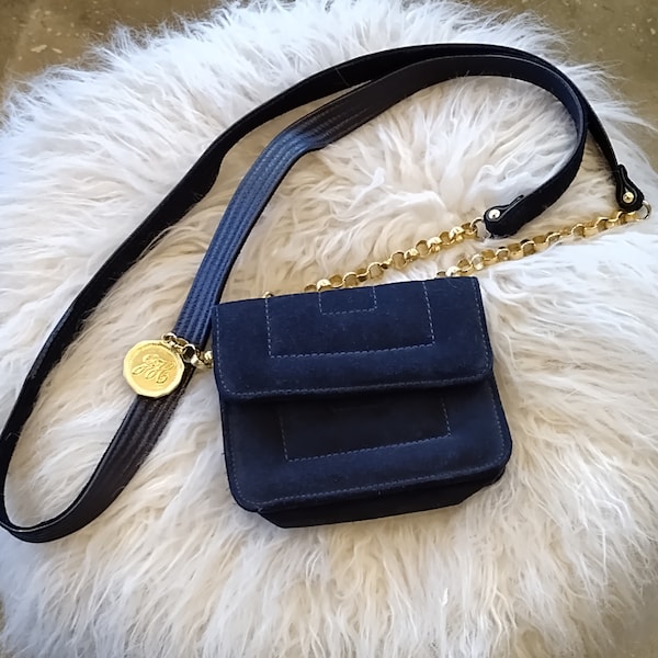 Vintage Jay Herbert by Sharif Mini Crossbody Purse Navy Suede with Gold Accents