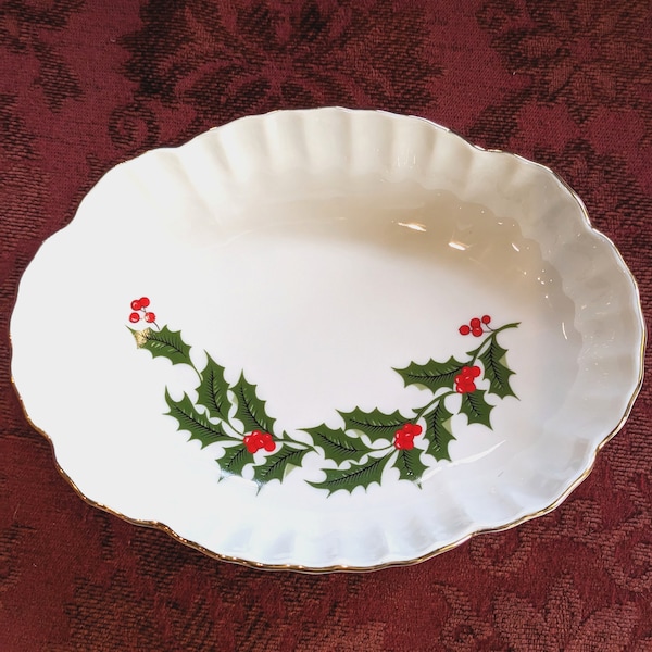 Vintage Christmas Candy Trinket Dish, Scalloped Sides, Holly Design with Gold Trim - R. H. Macy & Co., Inc