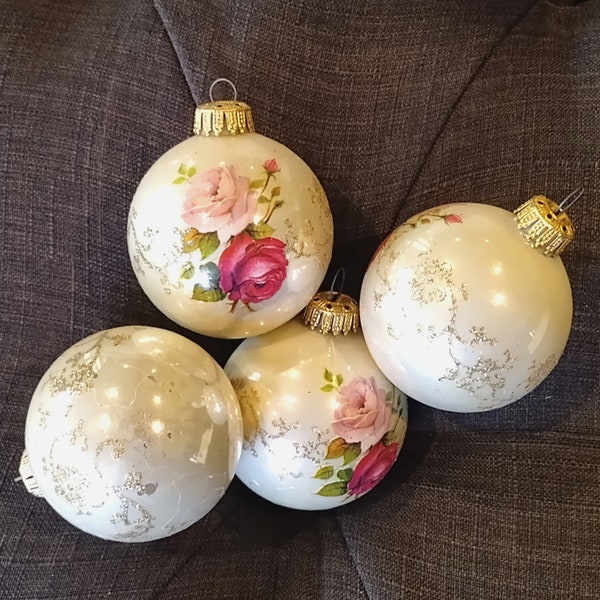 Vintage Krebs Hand Decorated Glass Ornaments Set of 4 Roses Victorian Theme with West Germany Crowns