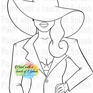 May include: Black and white line art illustration of a woman wearing a wide-brimmed hat and a blazer. The woman is looking down and has her hand on her hip. The text "Paint with a touch of Splash" is in the center of the image.