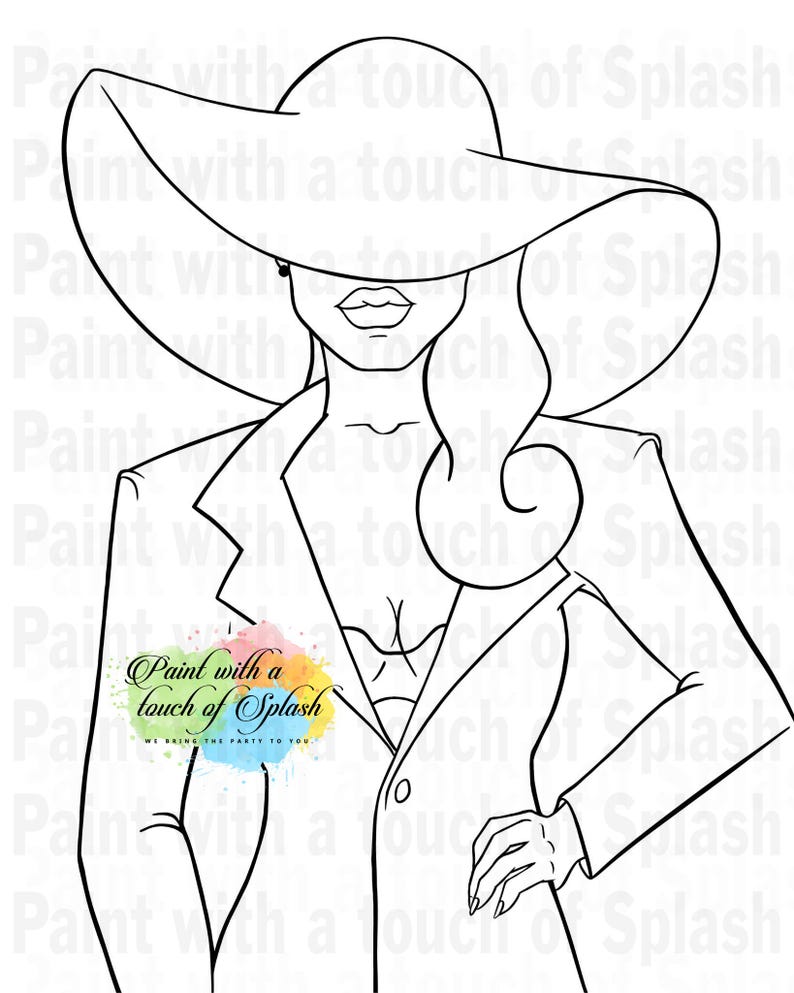 May include: Black and white line art illustration of a woman wearing a wide-brimmed hat and a blazer. The woman is looking down and has her hand on her hip. The text "Paint with a touch of Splash" is in the center of the image.