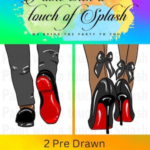 May include: Two pre-drawn canvases featuring a pair of red high heels and a pair of black high heels with red soles. The text "Paint with a touch of Splash" is at the top of the image. The text "2 Pre Drawn Canvases" is at the bottom of the image.