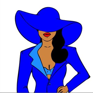 May include: A woman wearing a blue suit jacket and a wide-brimmed blue hat. Her lips are red.