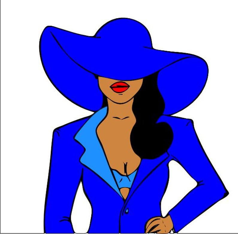 May include: A woman wearing a blue suit jacket and a wide-brimmed blue hat. Her lips are red.