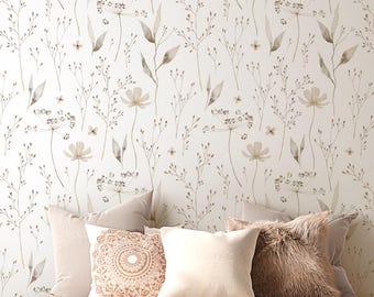 Beige Floral Wallpaper: Minimalist Peel and Stick Accent Wall