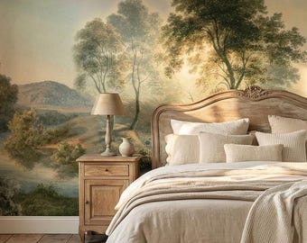 Vintage Pastoral Landscape Wallpaper Mural – Antique European Countryside Wall Decor