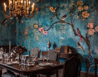 Vintage Chinoiserie Peel & Stick Wallpaper | Vintage Floral and Bird Wall Mural