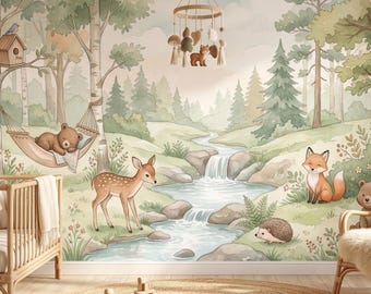 Watercolor Woodland Animals Nursery Wallpaper – Forest Creatures, Pastel Nature Mural