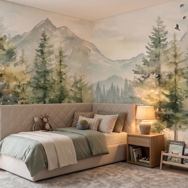 Watercolor Forest Mountain Mural, Woodland Sage Green Nursery Wallpaper (Peel and Stick)