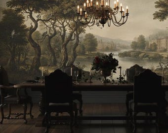 May include: A dining room with a large landscape mural, a dark wooden table, and ornate black chairs. A chandelier hangs above the table, and a vase of flowers sits in the center. The room has dark wood flooring.
