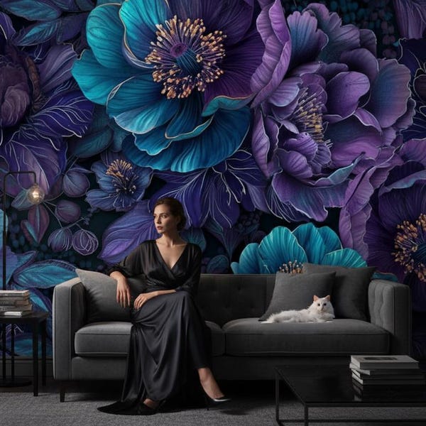 Deep Teal & Purple Floral Wallpaper: Dark Moody Botanical Peel and Stick Wall Mural