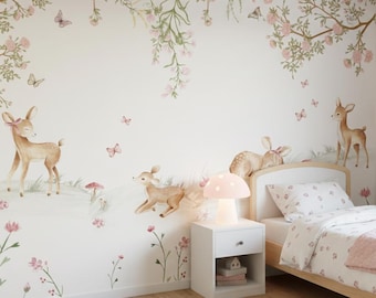 Deer Floral Baby Room Mural, Watercolor Peel and Stick Wallpaper