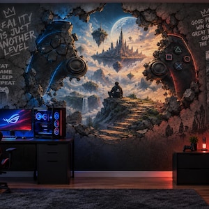 Könnte beinhalten: Ein Gaming-Schlafzimmer mit einem großen Wandbild einer Fantasielandschaft mit schwebenden Inseln und einer Burg, eingerahmt von zwei Gamecontrollern. Die Wand enthält den Text: REALITY IS JUST ANOTHER LEVEL, EAT GAME SLEEP REPEAT, GOOD PLAYERS WIN GAMES.