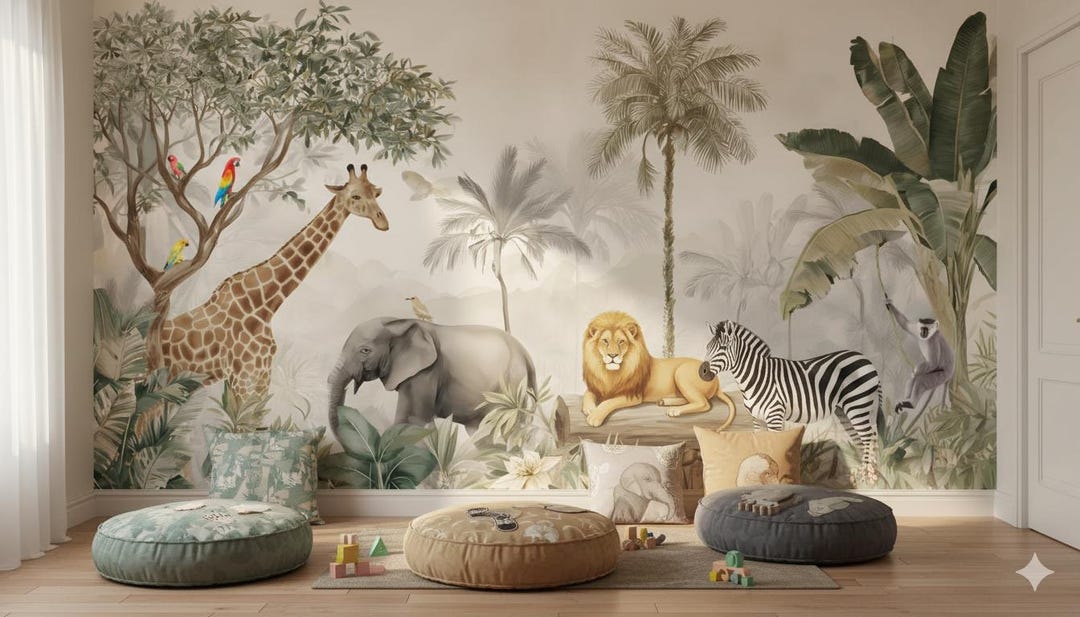 Jungle Safari Nursery Wallpaper Mural – Tropical Animals Peel and Stick ...