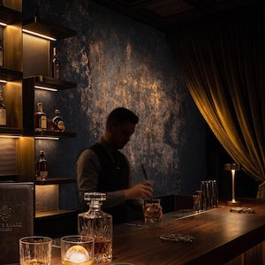 Könnte beinhalten: Dunkle Barszene mit einem Barkeeper, der einen Drink zubereitet. Regale zeigen Spirituosenflaschen, und ein Menü mit dem Text "Lion's Share Whisky" ist sichtbar. Eine Karaffe und Gläser mit Eiskugeln stehen auf der Holzbar. Der Hintergrund ist eine strukturierte Wand.